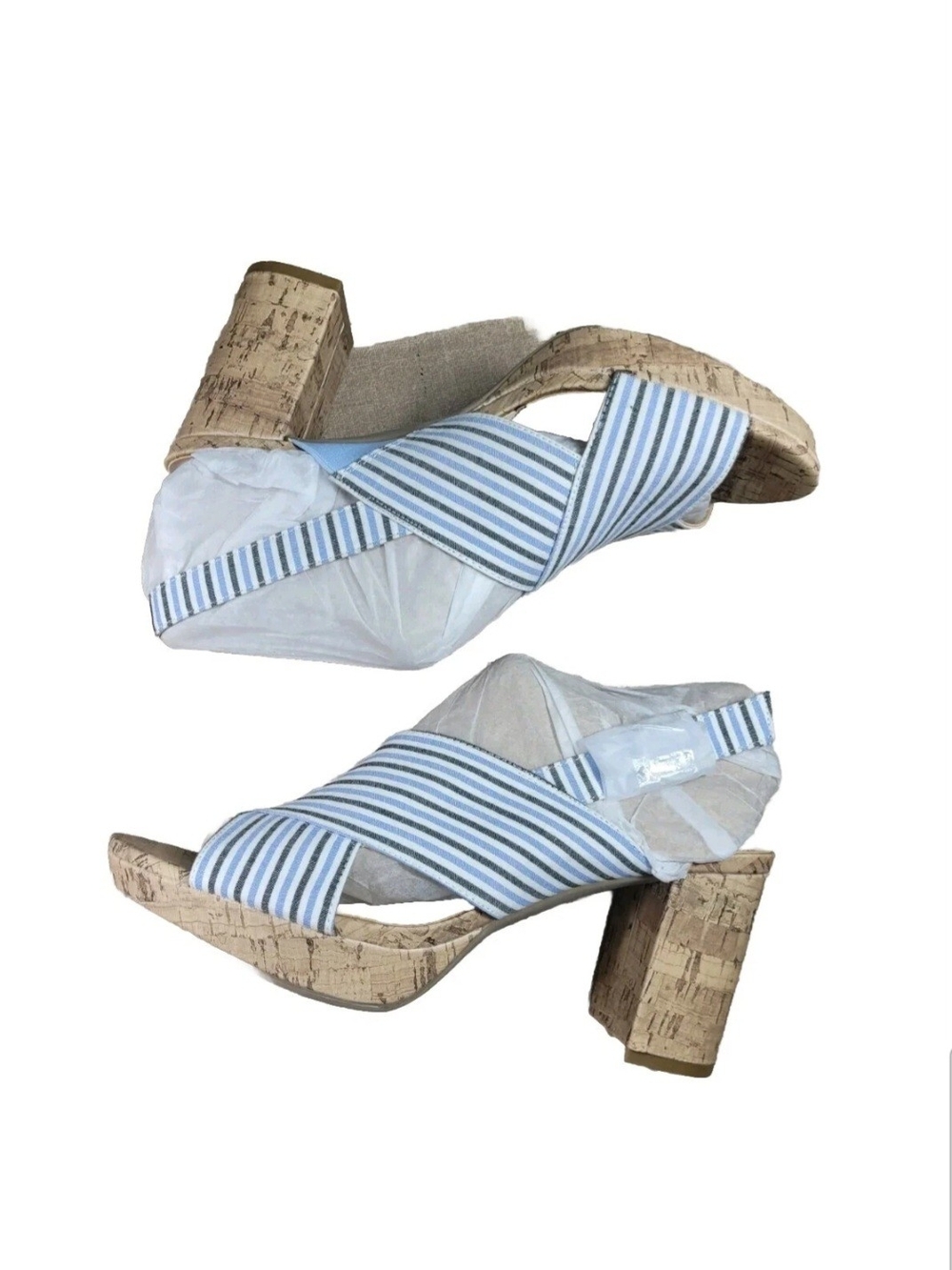 LifeStride Women's 9.5 M Striped Strappy Slingback Block Heel Sandals Blue White